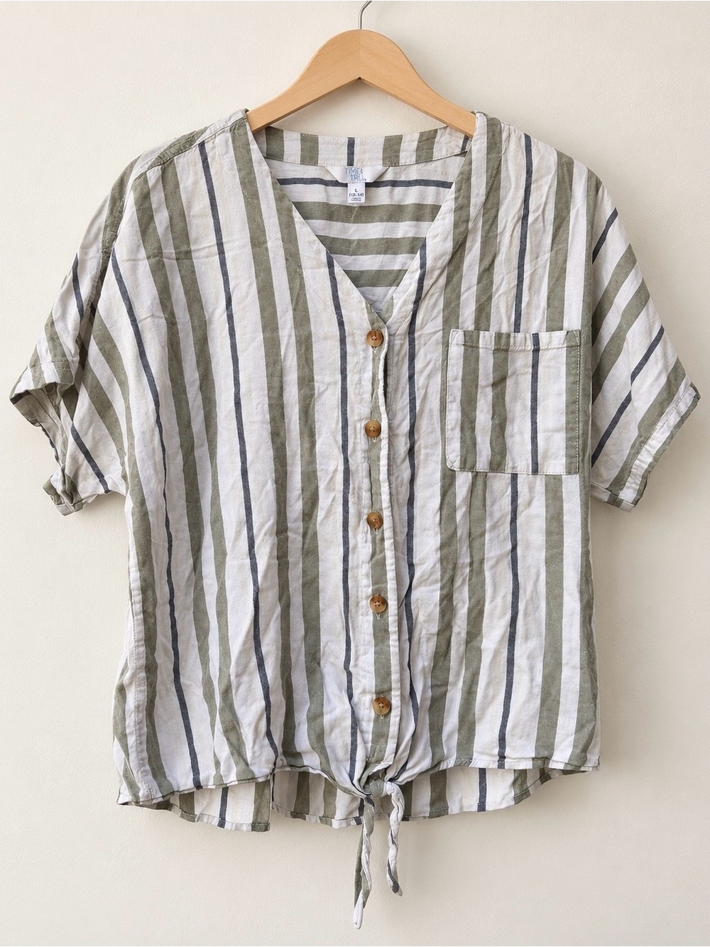Time and Tru Olive, White & Navy Striped Button-Front Tie Hem Shirt